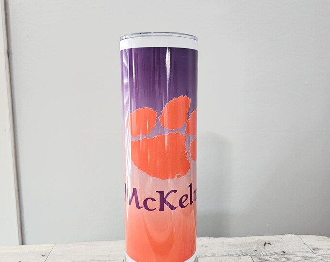 Purple Orange Fade Tigers Personalized 20oz, Stainless Steel, Gift, Birthday Gift, Clemson Travel Mug, Sports, Football, College, SC, Paw