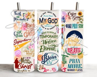 May include: Three cylindrical tumblers with metal straws, each featuring a white background covered in colorful religious text and illustrations including flowers, butterflies, a mountain, and a silhouette of a person.