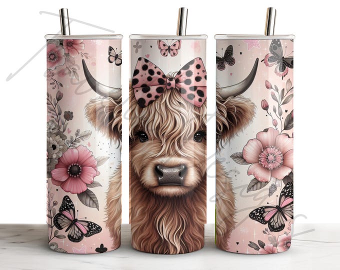 Pink Highland Cow Bow Chic Butterfly Flower 20oz Stainless Steel Tumbler, Gift for Her, Birthday Gift, Travel Mug
