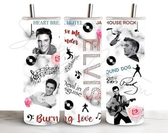 May include: A white marble-patterned tumbler with a metal straw featuring Elvis Presley imagery, musical notes, vinyl records, pink roses, and text including Heartbreak Hotel, Jailhouse Rock, Hound Dog, and Burning Love.