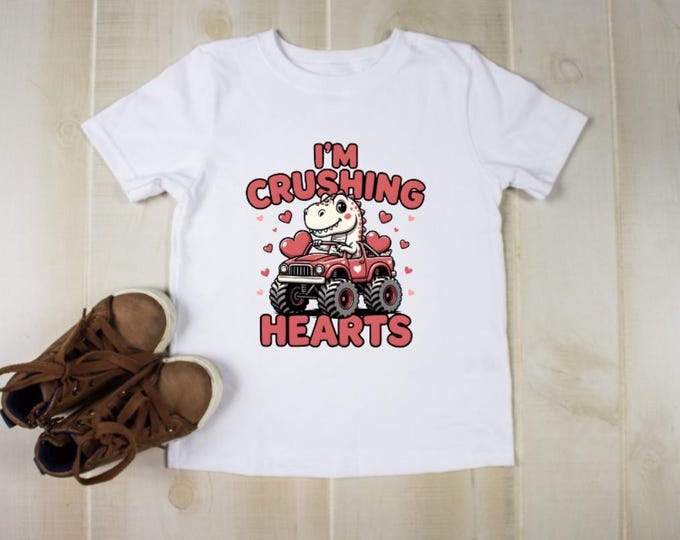 I'm Crushing Hearts Valentines Dinosaur Big Truck Toddler Kids T-Shirt