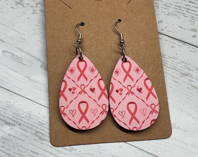 Pink Ribbon Tear Drop Earrings