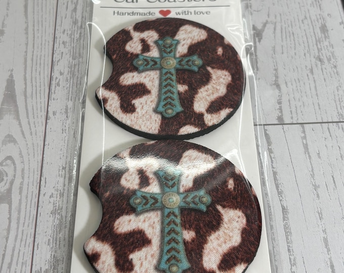 Cow Print Cross Turquoise Car Neoprene Cup Holder Coaster Gift