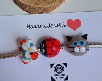 Lampwork European Charm-pärla, handgjord glasfigur, nyckelpigaberlock, kattberlock, hantverkspärla med blommigt hål