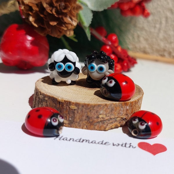 Glass Sheep Figurine, Lampwork glass Ladybug Bead, handmade Glass Black dressed Fairy Angel with mistletoe, lampwork sheep miniature gift