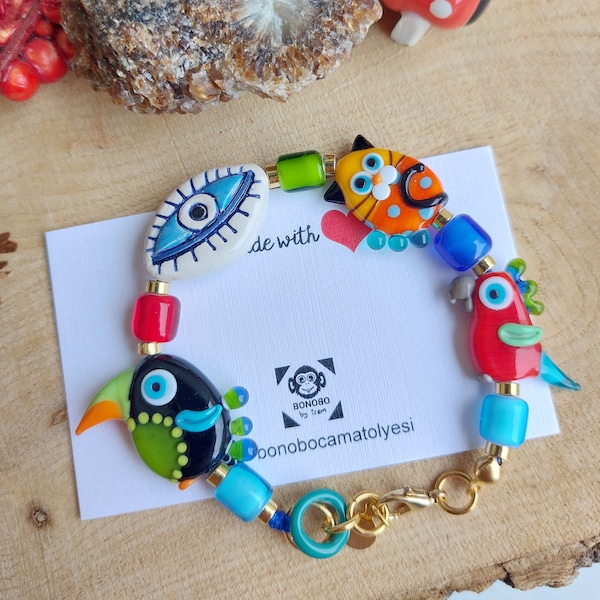 Bracelet en verre de Murano lampadaire, bracelet de lampadaire artisanal, bracelet toucan figurine en verre, bracelet chat coloré, bracelet perroquet