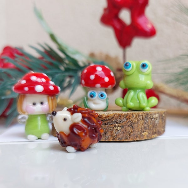 Lampwork Mushroom Fairy Angel, Lampwork hedgehog nead, lampwork mushroom,lampwork frog beads