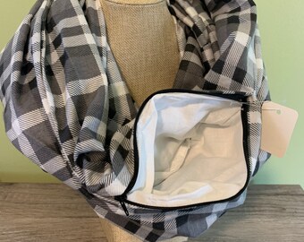 Black and White Buffalo Print Plaid Flannel Hidden Pocket Scarf