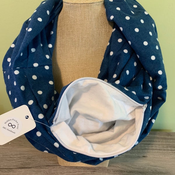 Navy and White dots Flannel Hidden Pocket Scarf