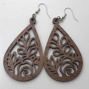 Walnut wood drop laser cut earrings - mother's gift - organic style earrings - floral design