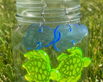 Turtle In The Clouds Fluorescent Acrylic  Dangle Earrings