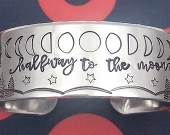 Halfway to the Moon Hand Stamped Metal Cuff Bracelet // Phish Lyrics Bracelet // Phases of the Moon