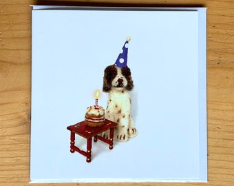Dog happy birthday card, party pups, dog lovers card, celebration card, blank greeting card, needle felted, springer spaniel, dog present