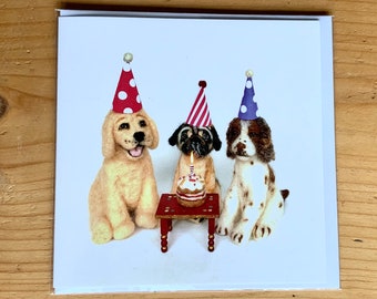 Dog happy birthday card, party pups, dog lovers card, celebration card, blank greeting card, needle felted, labrador, pug, springer spaniel
