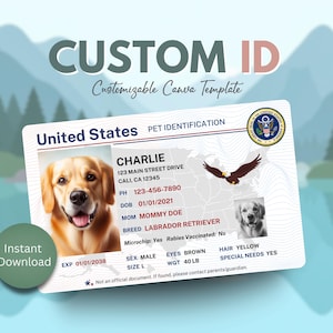 Puede incluir: Una tarjeta de identificación para mascotas con una foto de un golden retriever llamado Charlie. La tarjeta incluye la dirección, el número de teléfono y la raza del perro. La tarjeta también tiene el texto "CUSTOM ID" y "Instant Download".