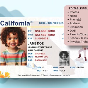 California Play ID Card Template | Customizable Kids ID (instant ...