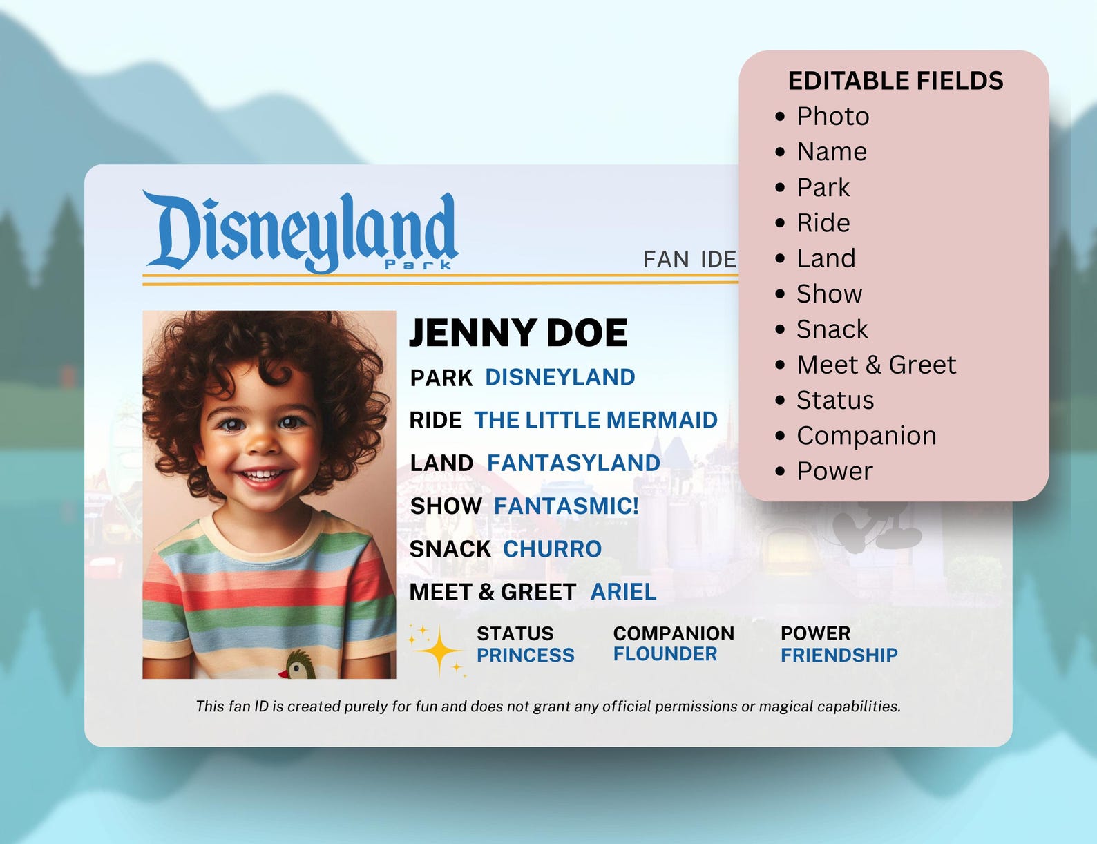 Playid Examples Theme Park Play ID Card Template | Customizable Kids Fan ID (digital ...