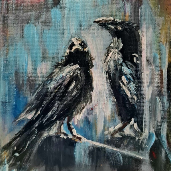 crows, mysticism, painting, art, twilight, wall decor, original