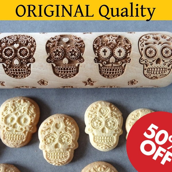 Day of Death Sugar Skulls engraved rolling pin + Cookie cutter