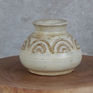 Vintage beige small Stoneware Vase with abstract pattern Rustic Home