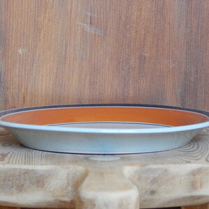 K&ouml;nnte beinhalten: Eine hellblaue Keramik-Servierplatte mit braunem und orangefarbenem Rand. Die Platte liegt auf einer Holzoberfl&auml;che.
