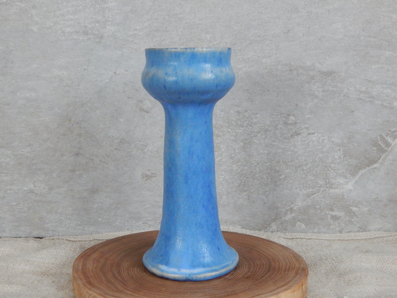 May include: A light blue ceramic vase with a flared top and a tall, slender body. The vase has a slightly textured surface.