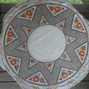 Vintage Scandinavian Round Embroidered Linen Fabric Tablecloth Made in home