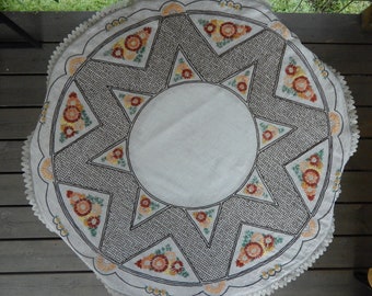 Vintage Scandinavian Round Embroidered Linen Fabric Tablecloth Made in home