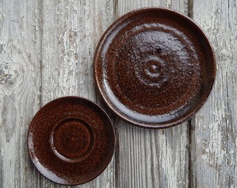 Scandinavian Vintage Stengods Keramik Shocolate Brown Plate/ Saucer Michael Anzengruber Plate Set