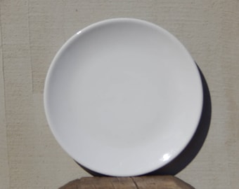 May include: A plain white ceramic dinner plate.