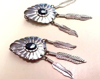 Earrings, Shield with 3 Feathers