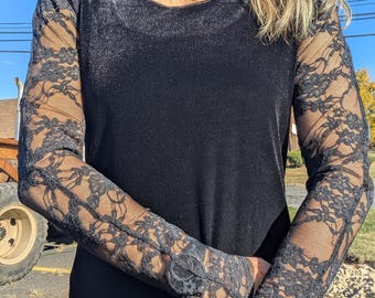 Black Velvet Mini Dress with Sheer Arms