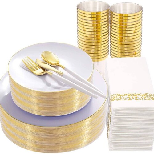 25 Cups Prefect for Party&Weeding SUT 25 Guests Gold Plastic Plates with Disposable Gold Silverware and Cups 25 Dessert Plates Include: 25 Dinner Plates 25 Cutlery 