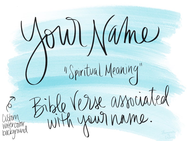 Op de afbeelding: Een blauwe aquarel achtergrond met de tekst "Your Name" in zwarte cursieve letters. Onder de naam staat de tekst "Spiritual Meaning" en "Bible Verse associated with your name."