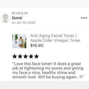 May include: A five-star review for an anti-aging facial toner made with apple cider vinegar. The product is shown in a clear glass bottle with a brown label. The review states that the toner does a great job at tightening pores and giving the face a healthy shine. The product costs $16.90.