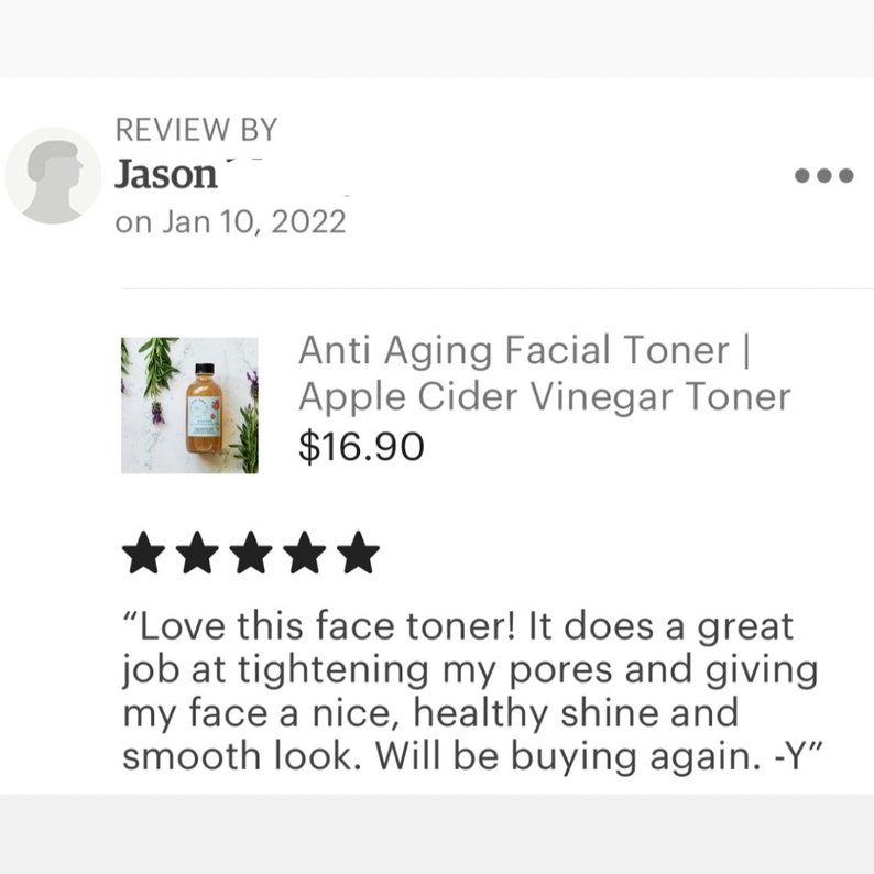 May include: A five-star review for an anti-aging facial toner made with apple cider vinegar. The product is shown in a clear glass bottle with a brown label. The review states that the toner does a great job at tightening pores and giving the face a healthy shine. The product costs $16.90.