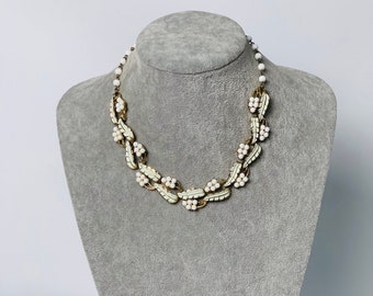 Vintage Coro Enamel and Beaded Gold Tone Necklace, Signed