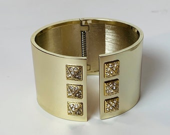 Vintage Gold Tone Victoria Secret Bangle Cuff Hinge Bracelets with Rhinestone Studs