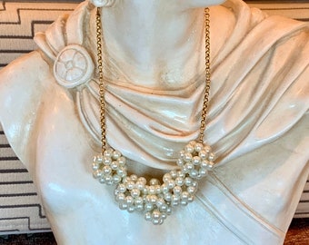 Vintage Lenora Dame Faux Pearl Cluster Gold Tone Statement Bib Necklace