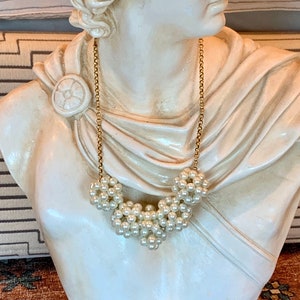 Vintage Lenora Dame Faux Pearl Cluster Gold Tone Statement Bib Necklace