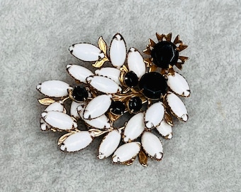 Vintage Gold Tone Large Brooch Pin with Prong Set Black Crystals and White Stones