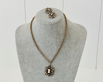 Vintage Cameo Necklace & Clip On Earrings: Gold Tone Faux Pearl Crystal Jewelry Set