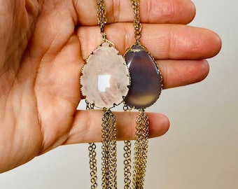 Pair of Vintage Gold Tone Pale Pink and Grayish Purple Crystal Pendant Necklaces
