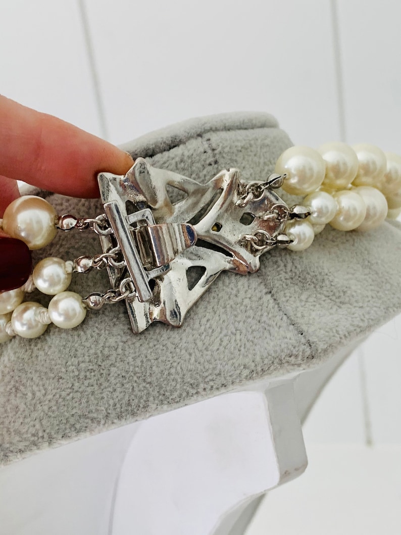 Vintage Silver Tone Multi Strand Faux Pearl Necklace with Deco Rhinestone Clasp