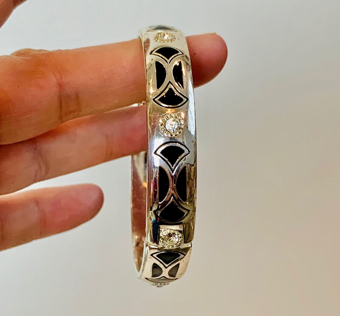 Vintage Brighton Silver Tone Hinged Bangle with Black Stones | Etsy