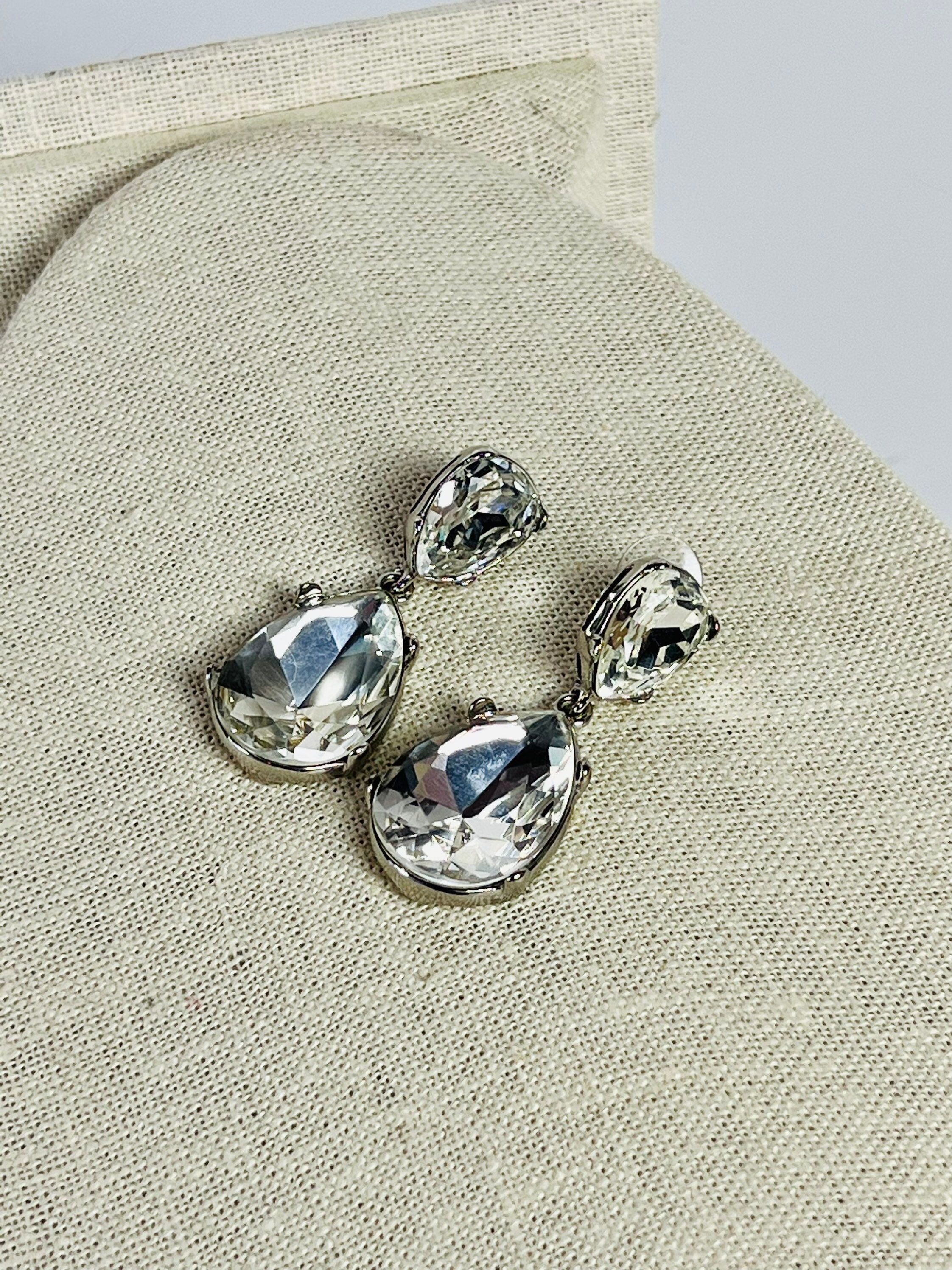 Vintage Kenneth Jay Lane KJL Silver Tone Rhinestone Crystal Pierced Tear Drop Earrings