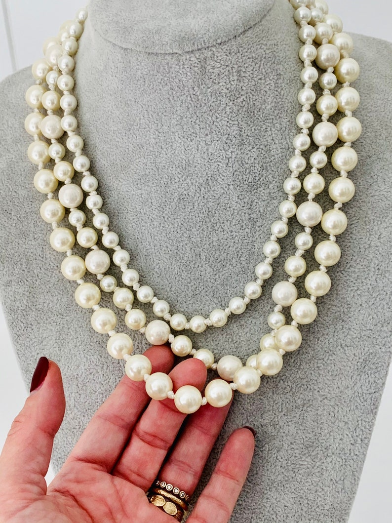 Vintage Silver Tone Multi Strand Faux Pearl Necklace with Deco Rhinestone Clasp