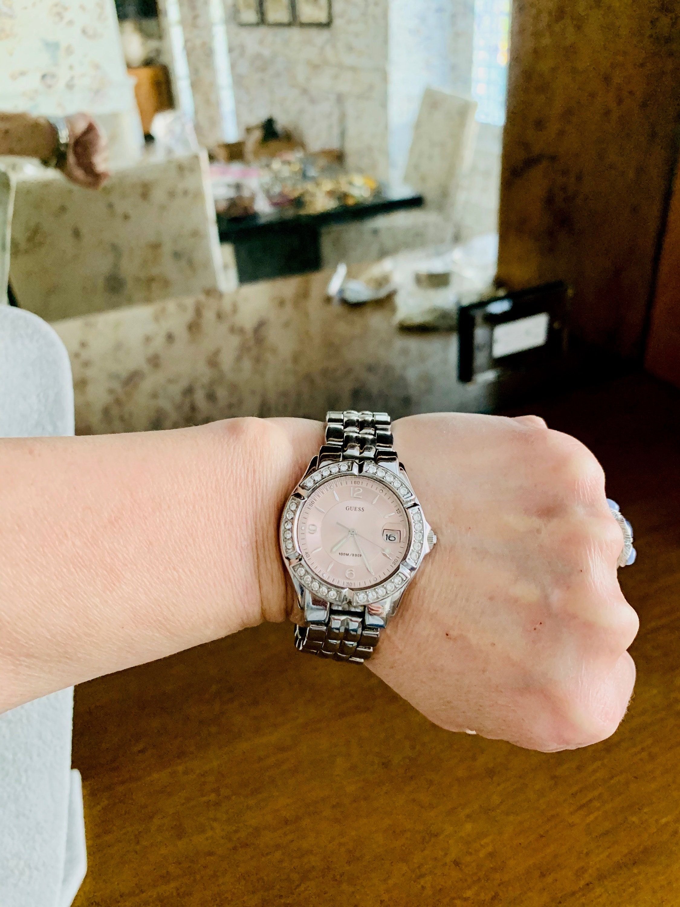 Vintage Guess Chunky Silver Tone Watch With Rhinestone Bezel 