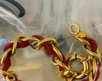 Vintage J Crew Gold Tone Chain Link Bracelet With Red