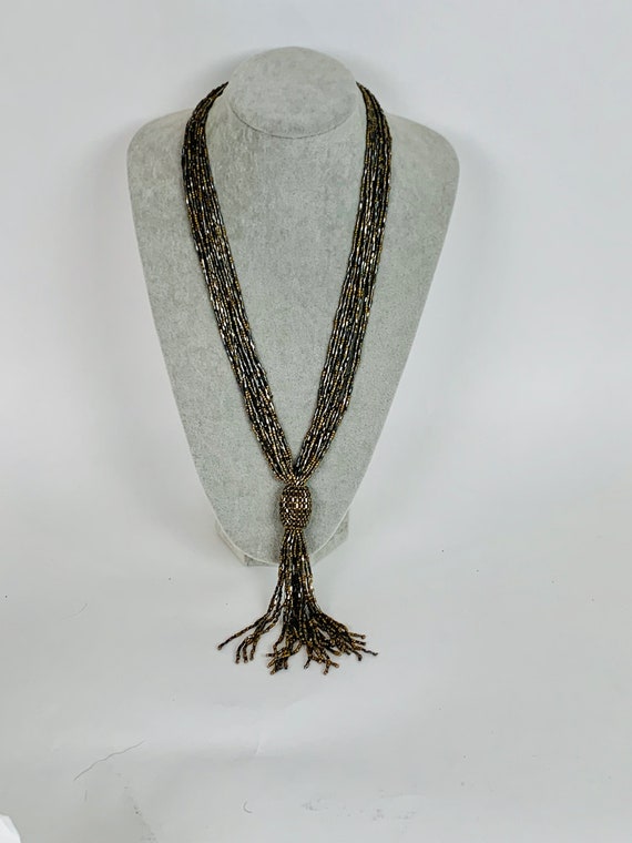 Vintage Multi Strand Gold and Gray Beaded Tassel … - image 1